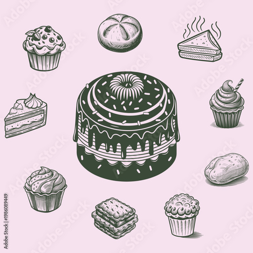 Bakery set doodle hand drawing style vector illustration collection for pastry shop, dessert menu and food design