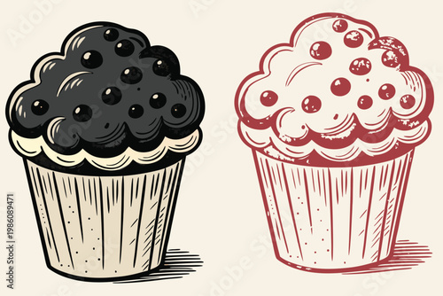 Blueberry cupcake or muffin outline sketch vector illustration for bakery, dessert menu and sweet food concept. Symbolizing freshness, taste and indulgence