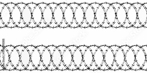 Two rows of sharp black barbed wire against a stark white background