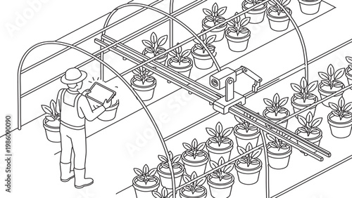 Isometric line drawing of automated smart farming in greenhouse with drone and tablet.