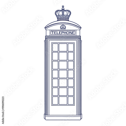 A simple line drawing of a classic british telephone booth with a crown