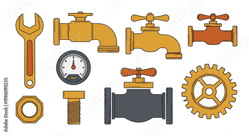 Industrial Plumbing Tools Icons.