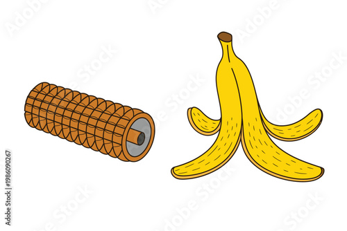 A cartoon illustration depicts a banana peel and a cylindrical object