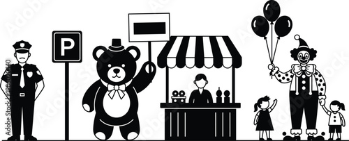 Black and white vector illustration set featuring a police officer, parking sign, teddy bear mascot with sign, carnival food stall, clown with balloons and children.