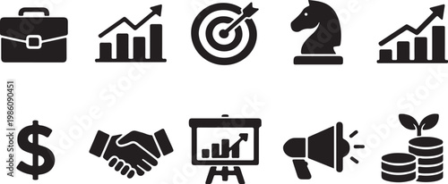 Flat black icons for business strategy financial growth marketing and successful partnership