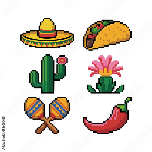 Retro 8-bit Pixel Icon Set – Cinco de Mayo Mexico, Sombrero, Maracas, Guitar, Fiesta Symbols

