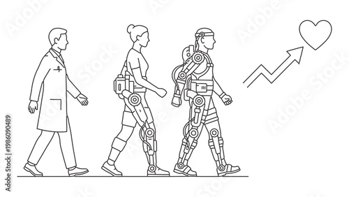 Line art of doctor walking with patients wearing exoskeleton suits for rehabilitation.