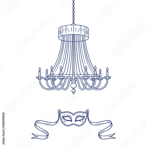 Elegant chandelier and ornate masquerade mask in a line art style
