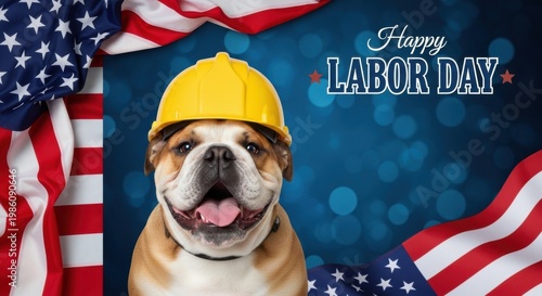 A bulldog wearing a hard hat for labor day