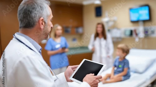 Tracking shot of doctor reviewing tablet while approaching child patient in hospital exam room