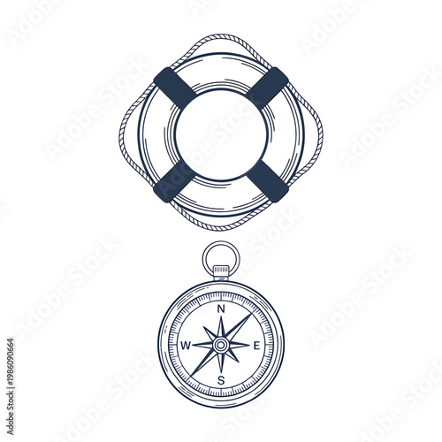 Nautical illustration featuring a life preserver and antique compass