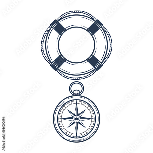 Vintage nautical illustration featuring a life preserver and compass