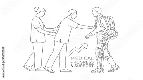 Line drawing of medical support team helping patient walking with exoskeleton suit.