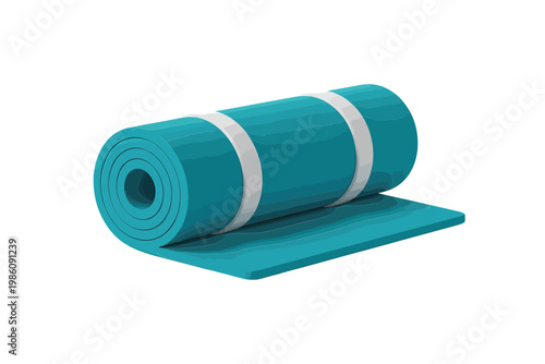 A rolled teal yoga mat resting on a white surface