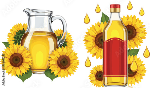 Sunflower Oil Bottle and Glass Jug Illustration Set with Fresh Sunflower Flowers and Oil Drops for Organic Cooking Ingredient and Food Packaging Design Collection
