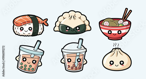 Cute Kawaii Asian Food Character Sticker Set - Chibi Sushi, Ramen, Dumpling, and Boba Milk Tea Vector Illustration