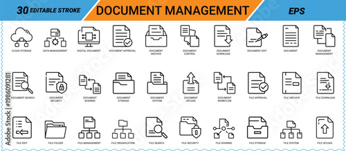 Document management icons set for digital and file organization Keywords: document, icon set