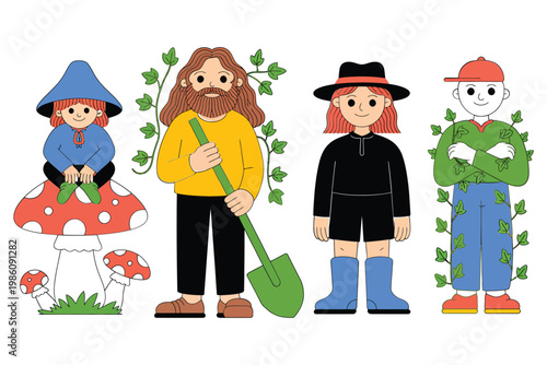 Four stylized characters with gardening tools and whimsical elements