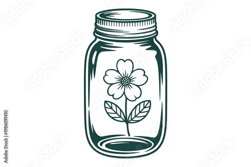 A vintage floral illustration of a flower inside a mason jar