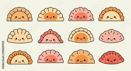Cute Kawaii Dumpling Sticker Collection Set, Chibi Gyoza Characters with Facial Expressions, Asian Food Vector Illustration for Graphic Design.