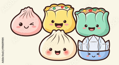Cute Kawaii Dim Sum Character Collection Chinese Dumpling and Baozi Vector Illustration