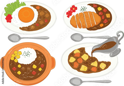 Japanese Curry Rice Meal Set with Fried Cutlet Omelette and Vegetable Curry Dishes Illustration for Traditional Cuisine Menu and Restaurant Food Design Collection