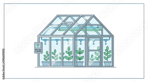 A detailed greenhouse illustration displays overhead irrigation pipes and a wall-mounted wireless control unit for precise plant care in a clean setting.