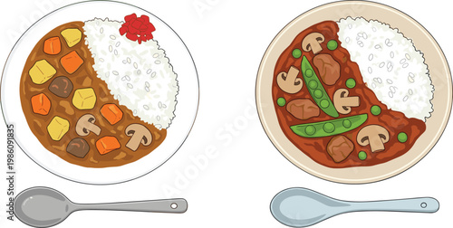 Japanese Curry Rice Plate Illustration Set with Vegetable and Meat Curry Dishes Served with Rice for Traditional Food Menu and Restaurant Design Collection