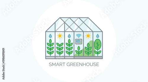 A circular icon of a smart greenhouse features sun and water droplet symbols to represent automated climate control within a pristine and bright environment.