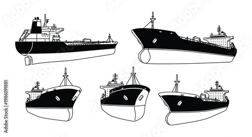 Four black and white illustrations of various oil tankers at sea
