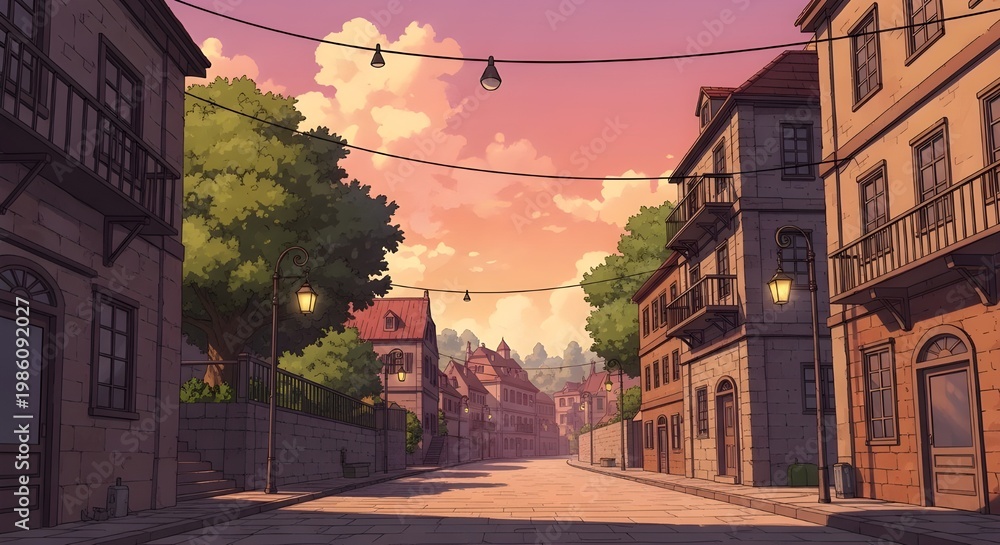 Fototapeta premium Picturesque European street scene with traditional buildings and warm sunset sky.