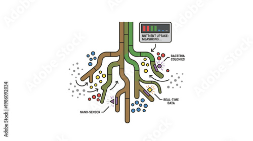 Intricate subterranean root systems interact with floating bacterial colonies and digital nano-sensors in a clean scientific diagram on white background.
