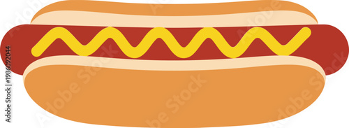 Hot dog with yellow zigzag mustard on red sausage in toasted bun