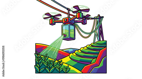 An automated agricultural drone sprays nutrient mist over vibrant green tiered tea terraces in a modern plantation setting with a bold colorful palette.