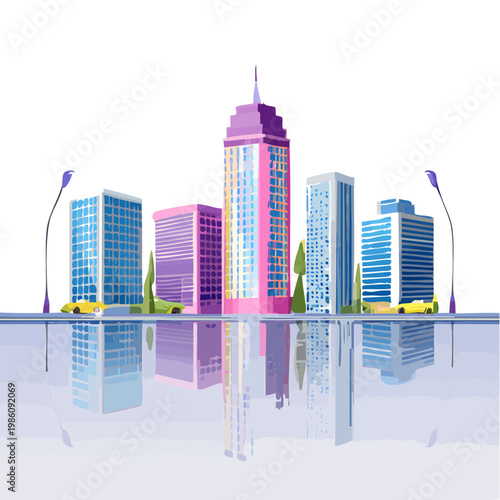 Cityscape illustration depicts buildings reflecting off wet pavement at night