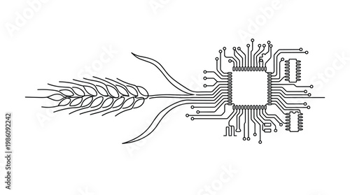 A single continuous black line elegantly transforms a natural stalk of wheat into a complex integrated circuit board against a clean white background.
