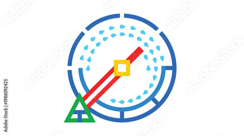 A stylized blue circular irrigation system with a prominent red arm and water droplets sits against a clean white background with precise geometric lines.