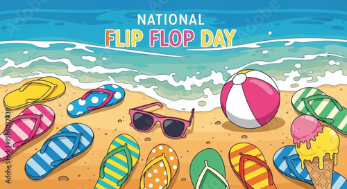 Colorful flip flops and beach accessories on sandy beach for national flip flop day celebration