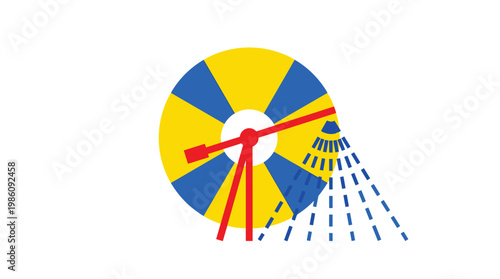 A circular irrigation pivot system features a red mechanical arm spraying blue water patterns over a vibrant yellow and blue segmented disk background.