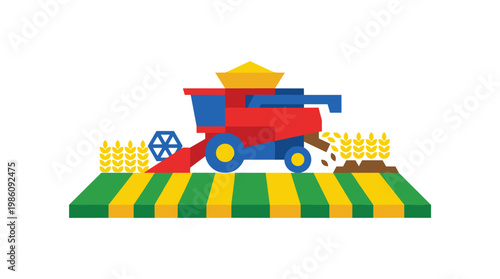 A stylized red and blue combine harvester efficiently works across a striped green and yellow field with golden wheat stalks under a bright white sky.