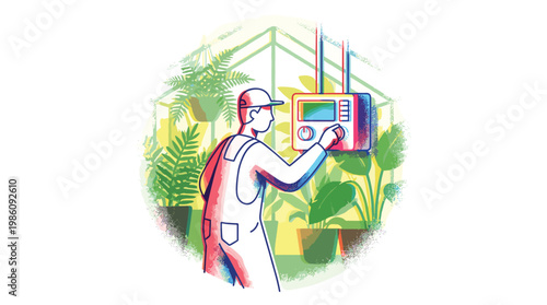 A dedicated worker in durable overalls meticulously adjusts a wall-mounted climate control panel inside a lush greenhouse filled with vibrant foliage.