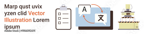Translation services, automation, document management, global communication, machine learning, and productivity concepts. Clipboard, speech bubbles with language icons, and processing equipment
