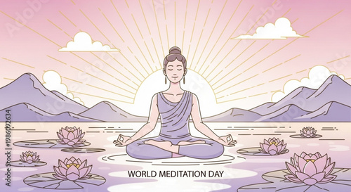 Serene woman meditating in lotus position by serene lake with mountains at sunrise world meditation day