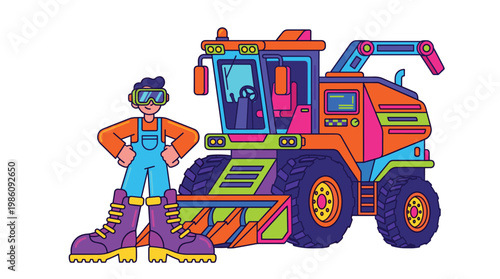 A farmer wearing futuristic goggles stands proudly next to a colorful and automated high-tech harvesting machine in a bright and stylized environment.