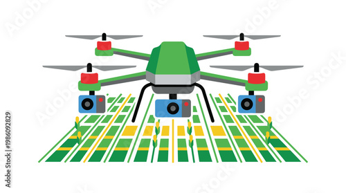 A green agricultural drone equipped with three high-resolution cameras monitors a stylized grid of yellow and green crops in a productive farm field.