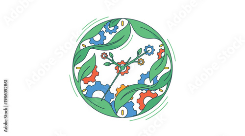 Intricate circular clock face blends mechanical metal gears with organic green leaves in a creative design symbolizing the harmony of technology and nature.
