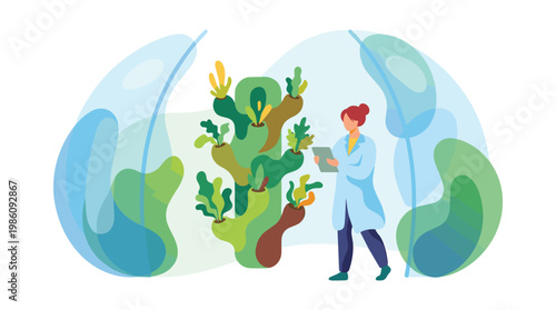 An agronomist in a crisp white lab coat inspects a vertical hydroponic plant tower inside a clean and modern glass facility with soft blue lighting.