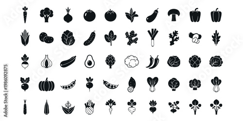 Comprehensive Vegetable Icon Set: Black Silhouette Vector Collection of Carrot, Tomato, Broccoli, Mushroom, Ginger, Onion, and Greens for Healthy Food Branding and Graphic Design