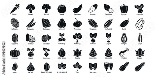 Large Collection of Vegetable Silhouette Icons: Black Vector Symbols of Carrot, Broccoli, Tomato, Kohlrabi, Romanesco, and Tropical Veggies for Healthy Food Branding and Graphic Design