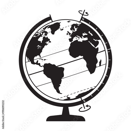Globe earth sphere with stand and equator lines, world map vector illustration outline.